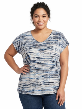 Kenar Woman Lady Plus Size 2X 22/24 Blue Horizontal Striped V-Neck Shirt Top